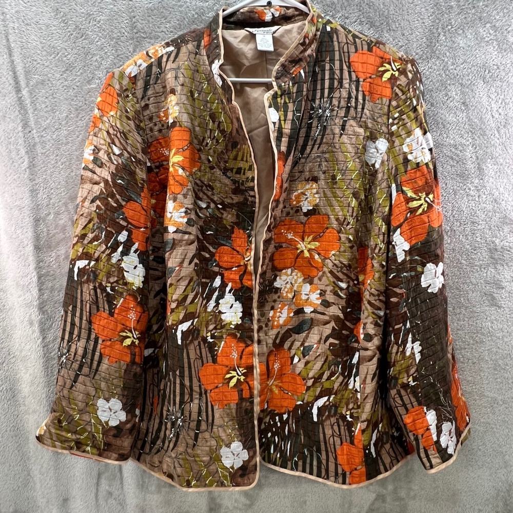 Recreate by Nexx Silk Linen Quilted Tropical Floral Jacket 1X Brown Orange Boho